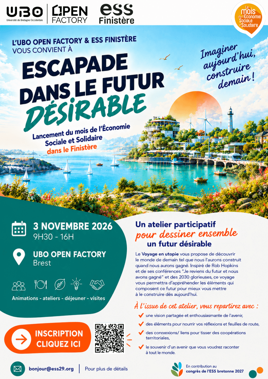 Escapade dans le futur désirable — UBO Open Factory & ESS Finistère vous convient à un atelier participatif pour dessiner ensemble un futur désirable. Lancement du Mois de l'Économie Sociale et Solidaire dans le Finistère. Le 3 novembre 2026, 9h30-16h, UBO Open Factory, Brest.